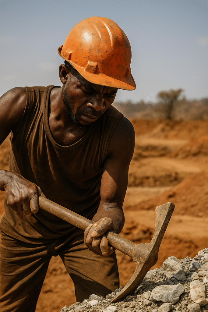An African miner working in a dusty open-pit mine, extracting lithium ore destined for global energy markets, highlighting the lack of local mineral processing.
