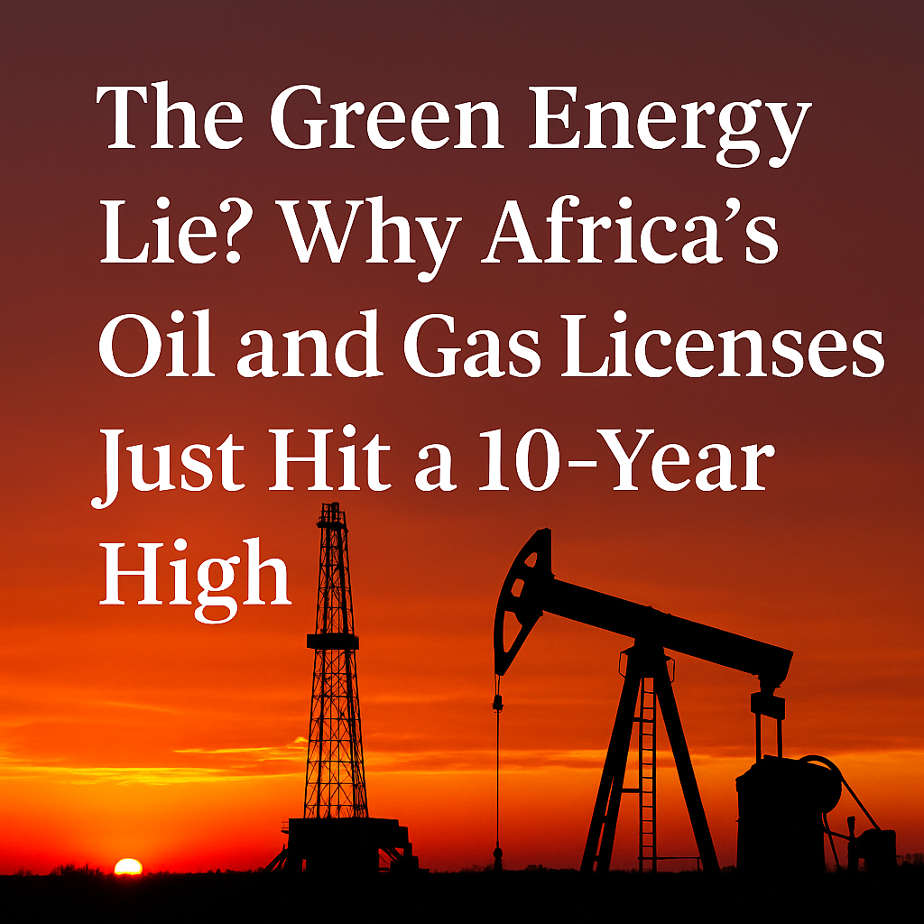 Silhouettes of an oil rig and pumpjack set against a dramatic red-orange sunset sky, symbolizing Africa’s rising fossil fuel activity amidst global climate discussions.