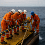 Four marine engineers in orange safety suits and helmets guide a thick, insulated power cable from the deck of a vessel into the sea during an offshore cable-laying operation.