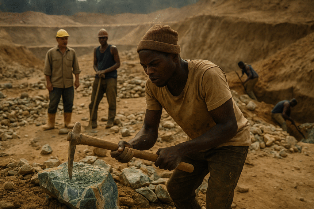 African miners excavating lithium and cobalt in an open-pit mine, highlighting the scramble for critical minerals in the energy transition.