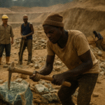 African miners excavating lithium and cobalt in an open-pit mine, highlighting the scramble for critical minerals in the energy transition.