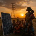 A group of African villagers, including children, sit and stand near a solar panel at sunset, symbolizing Africa’s aspiration for energy access through renewables.