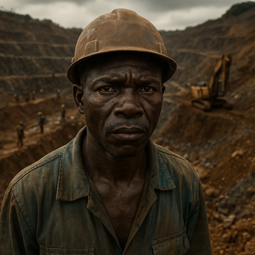 A middle-aged African miner stands in a muddy open-pit mine, highlighting the environmental and social costs of mining for critical minerals.