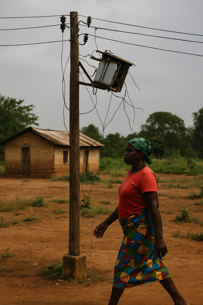 A rural African woman walks past a disconnected solar panel installation beside her home, highlighting the disconnect between climate finance pledges and on-ground energy access.