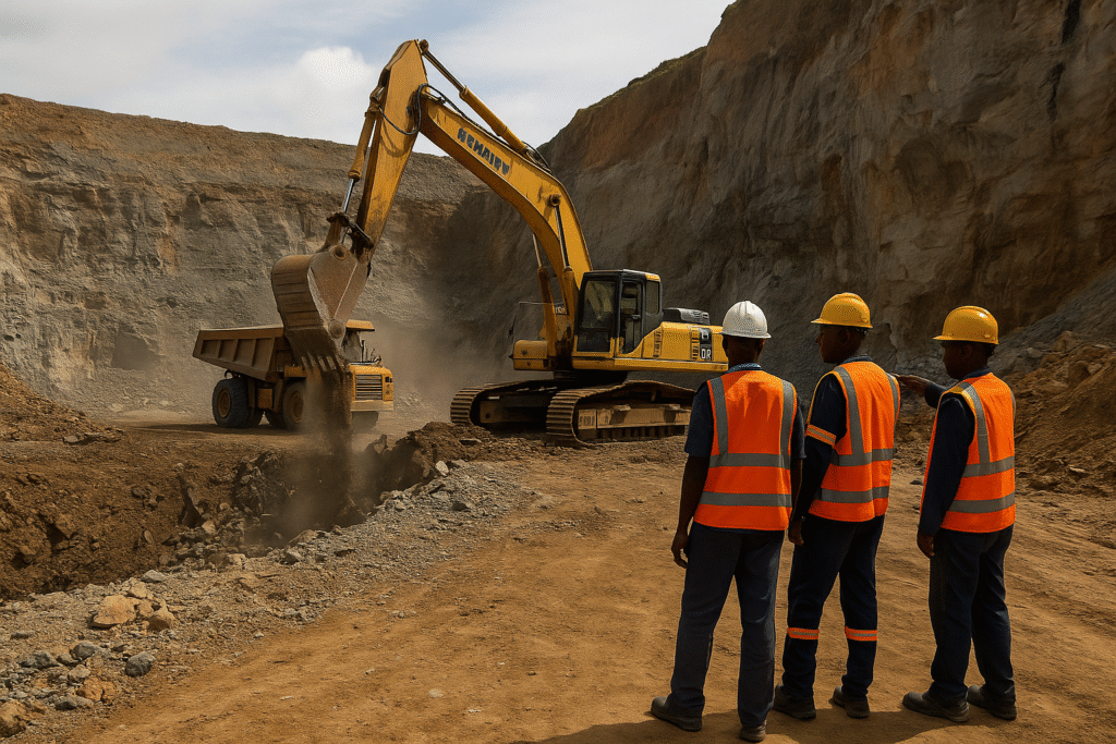 An expansive industrial mining site in Africa with heavy machinery extracting minerals under a dusty sky.