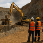 An expansive industrial mining site in Africa with heavy machinery extracting minerals under a dusty sky.