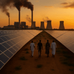 A solar farm sits beside an active fossil fuel power plant in Africa, symbolising the continent’s energy transition dilemma.