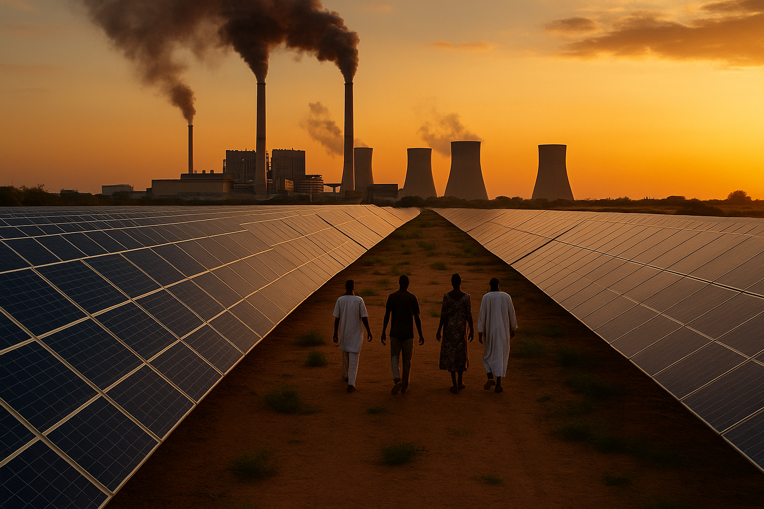 A solar farm sits beside an active fossil fuel power plant in Africa, symbolising the continent’s energy transition dilemma.