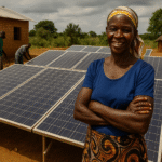 A proud African woman stands confidently in front of a rural solar panel installation, symbolising community-led clean energy solutions.