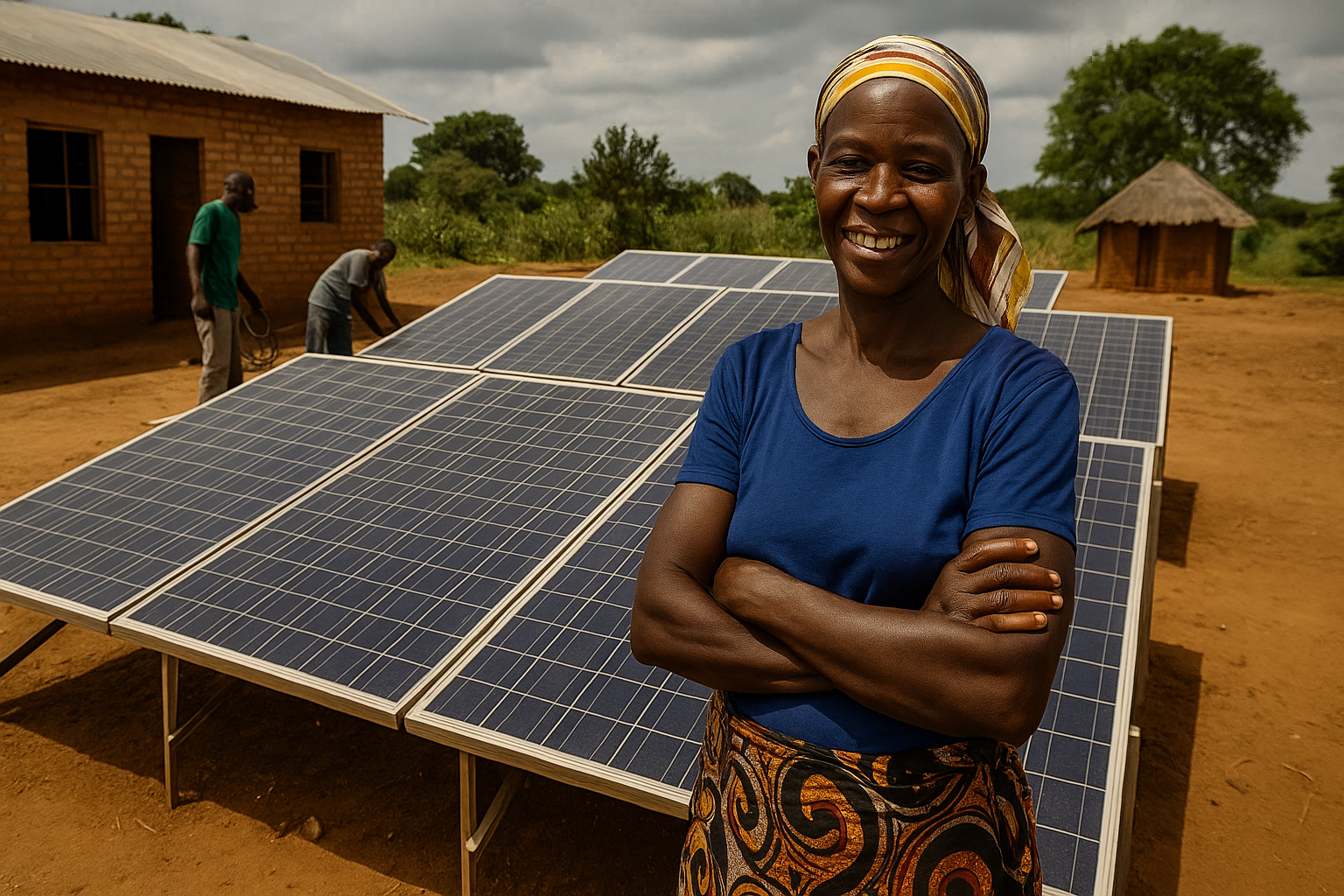 A proud African woman stands confidently in front of a rural solar panel installation, symbolising community-led clean energy solutions.