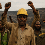 A group of African miners raise their fists in solidarity at a critical mineral site, symbolising unity and resistance.