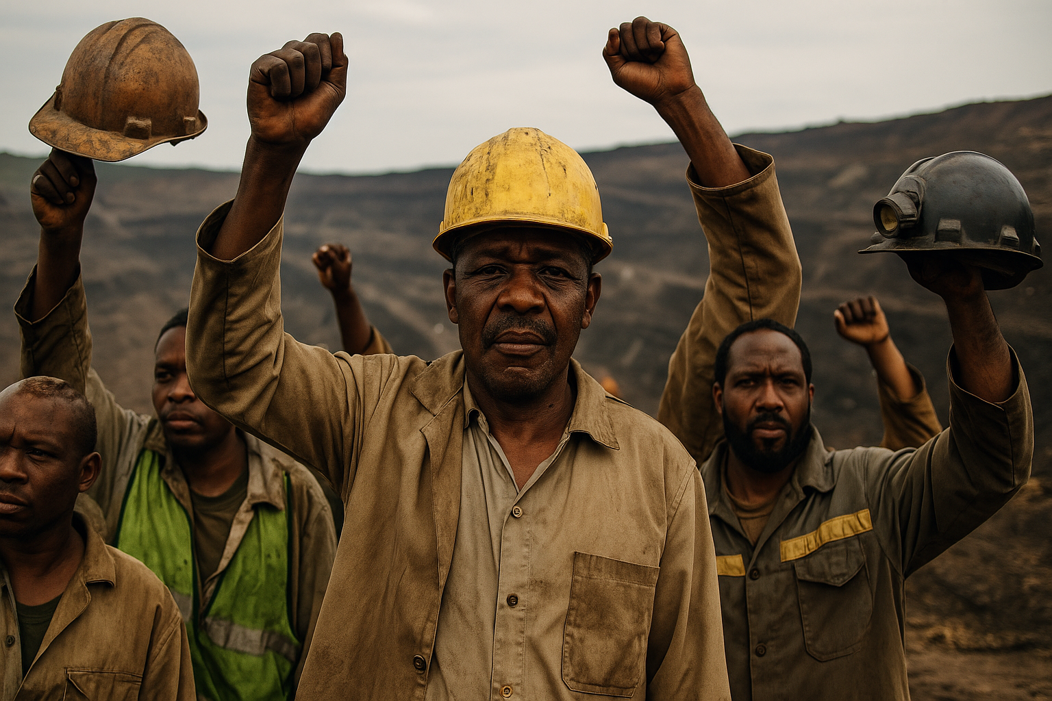 A group of African miners raise their fists in solidarity at a critical mineral site, symbolising unity and resistance.