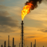 Photo of natural gas flaring at a refinery, showing rusted pipes and bright orange flames against a dusky horizon.