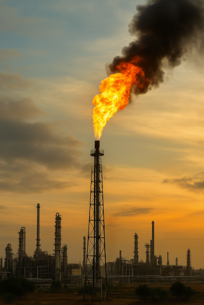 Photo of natural gas flaring at a refinery, showing rusted pipes and bright orange flames against a dusky horizon.