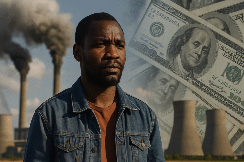 African man in denim jacket stands before industrial smokestacks and dollar bills, symbolising Africa’s climate finance challenges.