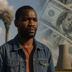 African man in denim jacket stands before industrial smokestacks and dollar bills, symbolising Africa’s climate finance challenges.