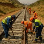 Railway workers in safety gear laying tracks through a rural African corridor under a cloudy sky.