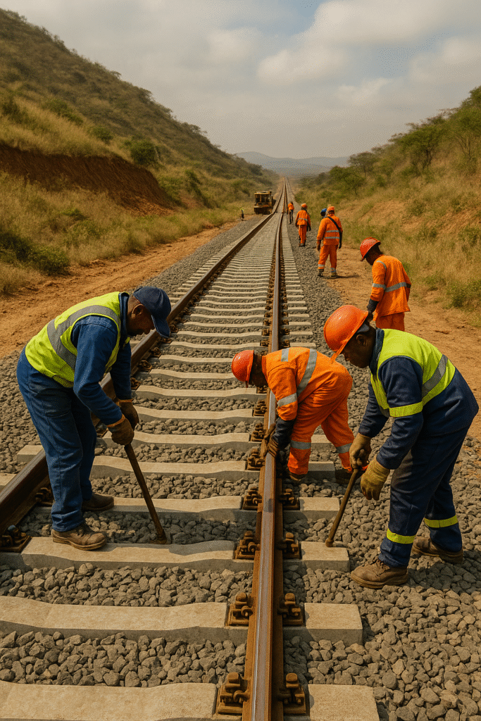 Railway workers in safety gear laying tracks through a rural African corridor under a cloudy sky.