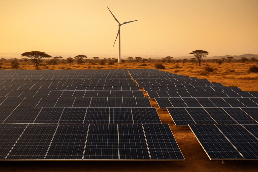A vast solar farm stretching across an arid African landscape with a lone technician inspecting the panels.