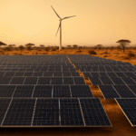 A vast solar farm stretching across an arid African landscape with a lone technician inspecting the panels.