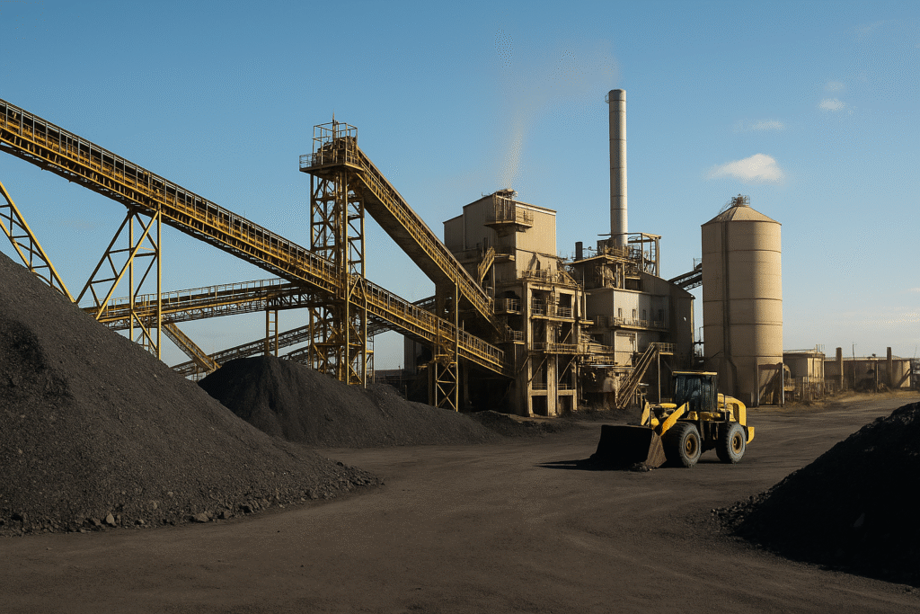 An industrial smokestack emits haze beside stacks of mineral ore under cloudy skies in Africa.