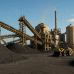 An industrial smokestack emits haze beside stacks of mineral ore under cloudy skies in Africa.