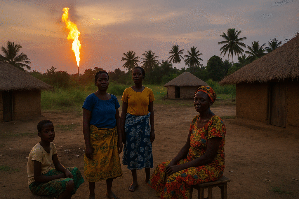 Rural African women and child near huts with a large gas flare burning in the distance at sunset.