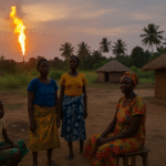 Rural African women and child near huts with a large gas flare burning in the distance at sunset.
