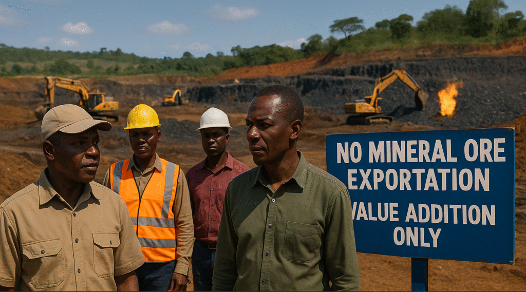 African officials stand near a mine site enforcing mineral export bans