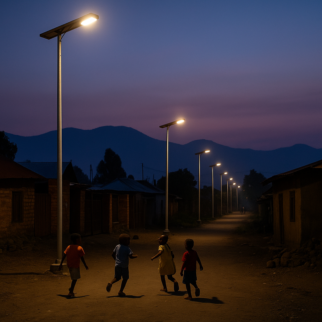 Four children playing under solar streetlights in a Goma neighbourhood at dusk with mountains in the background.