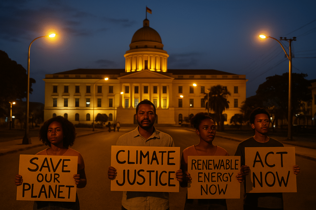 Climate protesters holding signs in front of a government building lit by fossil fuel-powered lights at dusk in an African city.