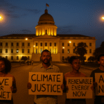 Climate protesters holding signs in front of a government building lit by fossil fuel-powered lights at dusk in an African city.