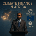 African speaker at podium with climate finance map of Africa behind him and donor logos including World Bank, EU, and USAID.