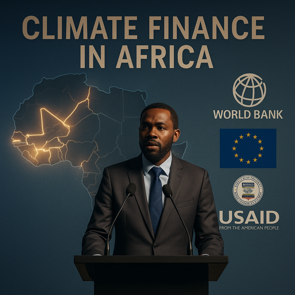 African speaker at podium with climate finance map of Africa behind him and donor logos including World Bank, EU, and USAID.