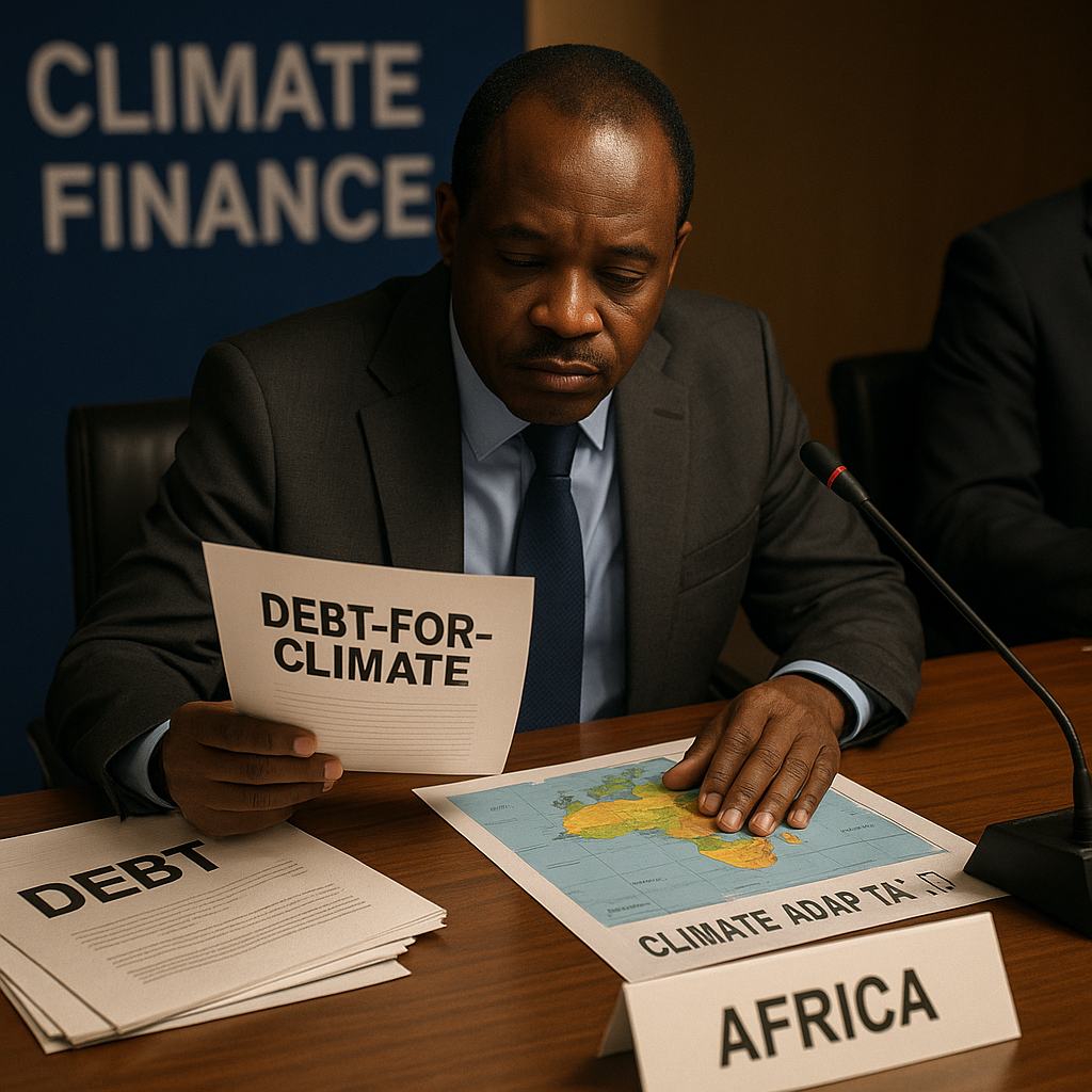 African civil society representative at a negotiation table with climate adaptation maps and debt documents, symbolising Africa’s struggle between fiscal obligations and climate action.