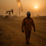 African oil worker walks through a sunrise-lit oilfield, highlighting the human impact of fossil fuel phase-out debates.