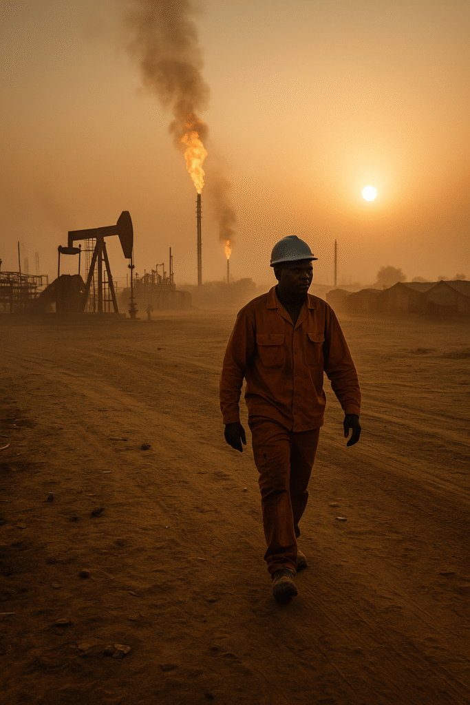 African oil worker walks through a sunrise-lit oilfield, highlighting the human impact of fossil fuel phase-out debates.