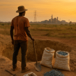 African miner beside a cobalt pit with an industrial plant on the horizon, representing Africa’s move from raw exports to mineral beneficiation.