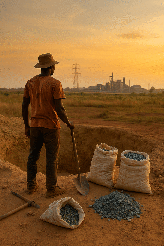 African miner beside a cobalt pit with an industrial plant on the horizon, representing Africa’s move from raw exports to mineral beneficiation.