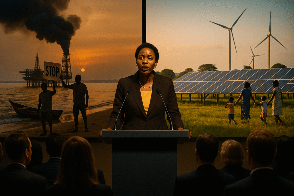 African climate leader at summit podium, with oil rigs and protests on one side and clean energy projects on the other, representing the tension in Africa’s fossil phase-out.