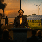 African climate leader at summit podium, with oil rigs and protests on one side and clean energy projects on the other, representing the tension in Africa’s fossil phase-out.