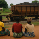 African women sitting near a railway, observing a mineral freight train passing through their village.