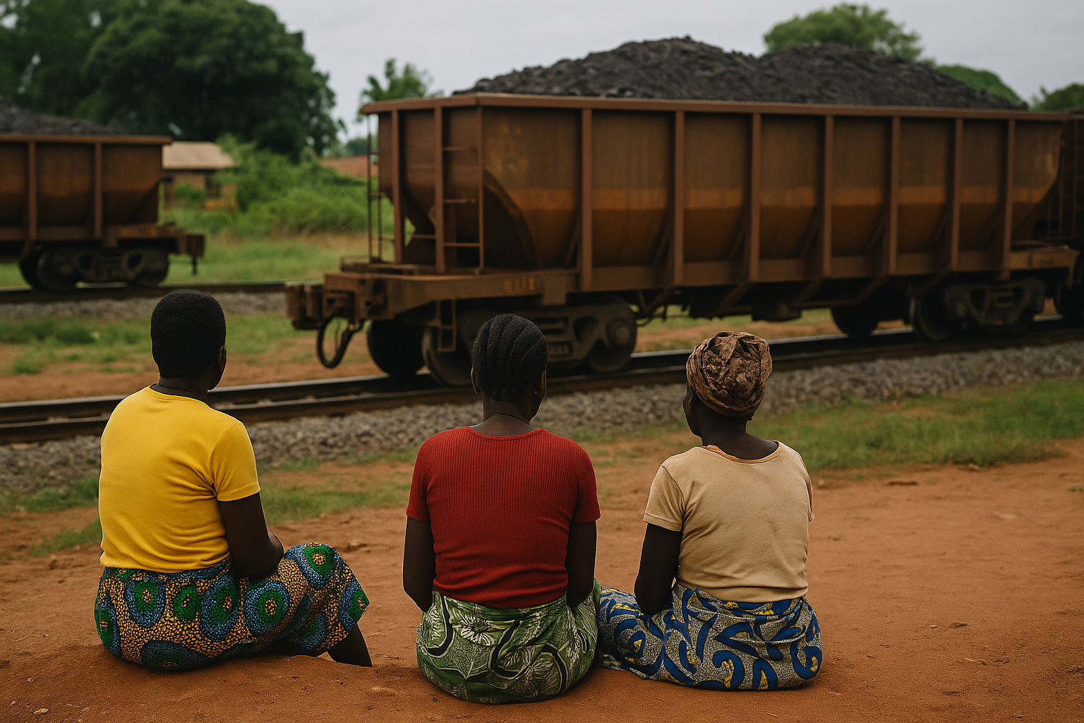 African women sitting near a railway, observing a mineral freight train passing through their village.