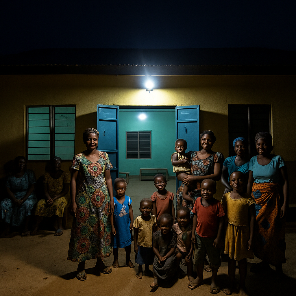 African women and children gathered at night under a solar-powered light outside a community centre.
