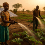 African farmers using solar-powered irrigation systems in a rural setting to water crops.