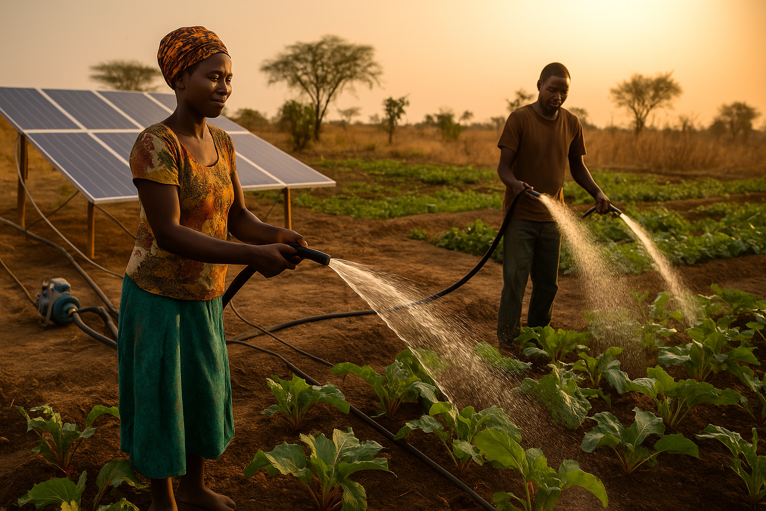 African farmers using solar-powered irrigation systems in a rural setting to water crops.