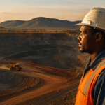African miner overlooks a Southern African open-pit mine at sunset.