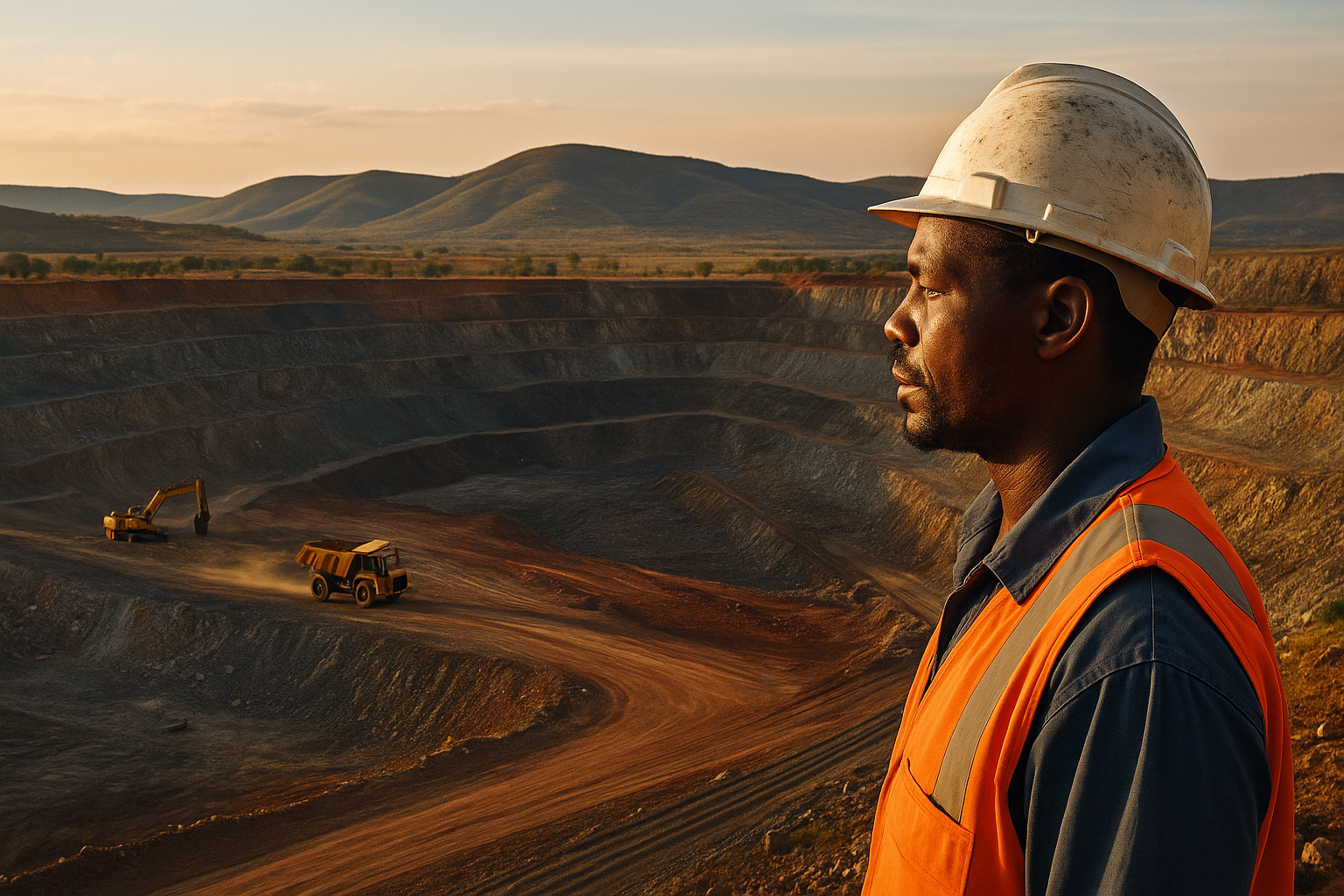 African miner overlooks a Southern African open-pit mine at sunset.