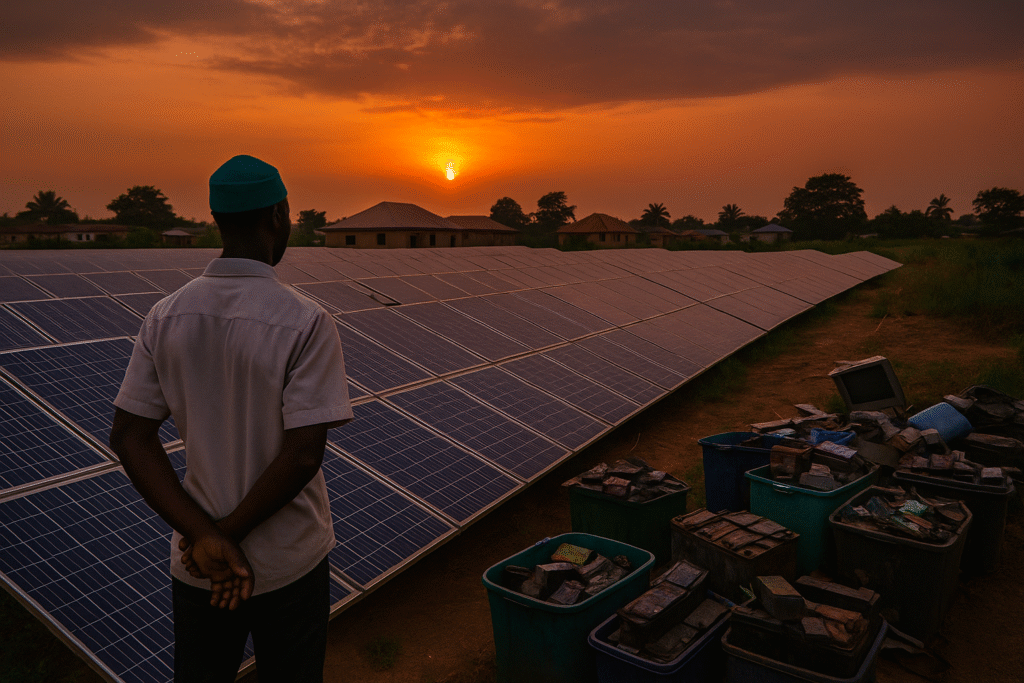 Man observing solar panels with discarded batteries in Nigeria at sunset
