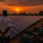 Man observing solar panels with discarded batteries in Nigeria at sunset